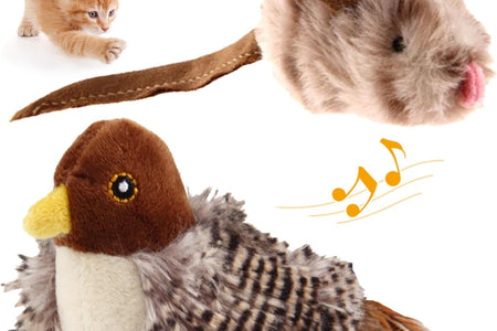 Interactive Cat Toy Squeaky, Electronic Chirpy Bird Cat Toy Feather Tail, Automatic Cat Play Squeak Toy for Boredom