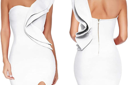 Womens One Shoulder Ruffles Side Split Bodycon Bandage Club Party Dress
