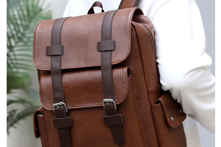Brown Leather Laptop Backpack for Men, Work Business Travel Office Backpack College Bookbag, Casual Waterproof Computer Backpack Fits Notebook 15.6 Inch